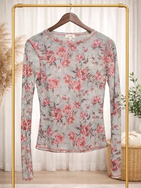 LA MIEL Pink Floral Long-Sleeve Mesh Tee